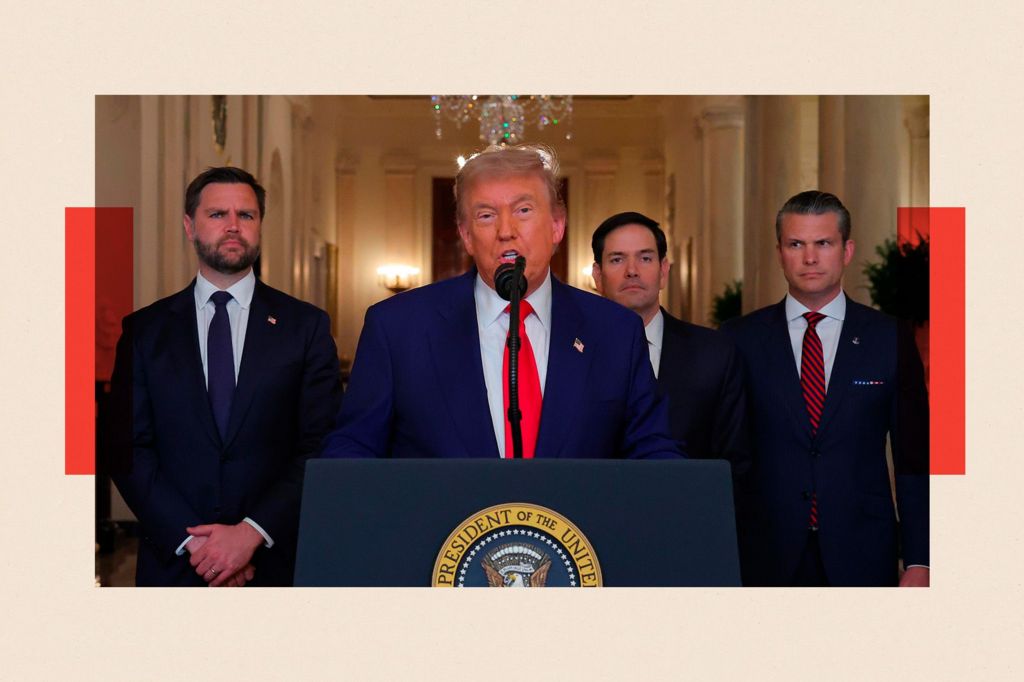 Trump speaking at a microphone, surrounded by Marco Rubio, JD Vance and Pete Hegseth