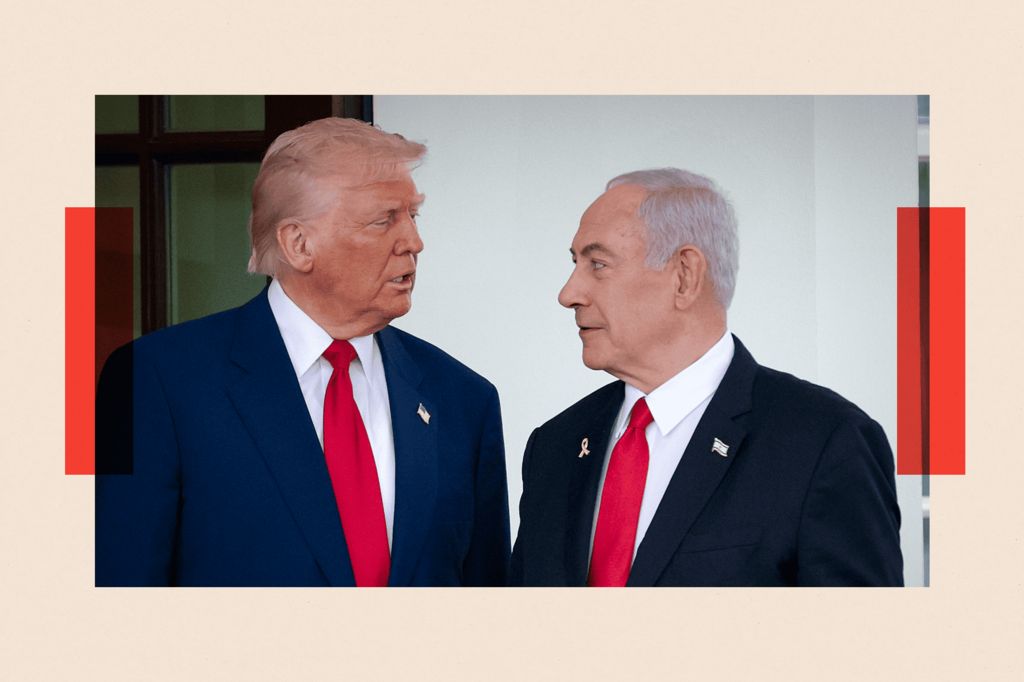 Donald Trump greets Benjamin Netanyahu as he arrives at the White House on 7 April 2025 in Washington DC