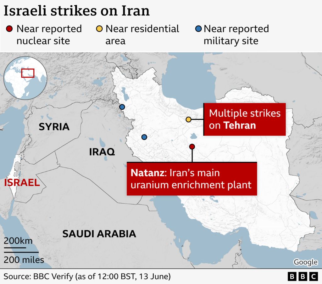 A map showing locations of Israeli strikes on Iran