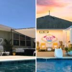 Side-by-side comparison showing Crail and Joey’s original 6612 pool setup versus their upgraded, event-ready space with cabanas and enhanced decor