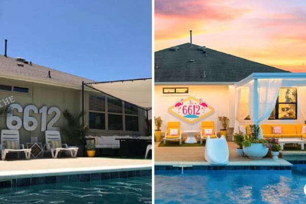 Side-by-side comparison showing Crail and Joey’s original 6612 pool setup versus their upgraded, event-ready space with cabanas and enhanced decor