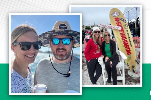 From Higher Ed to Etsy Power Seller: How Emily Odio-Sutton Built a $560K POD Business Side-by-side photos of Emily with her husband outdoors and her mom at a Surfing Santa beach event.