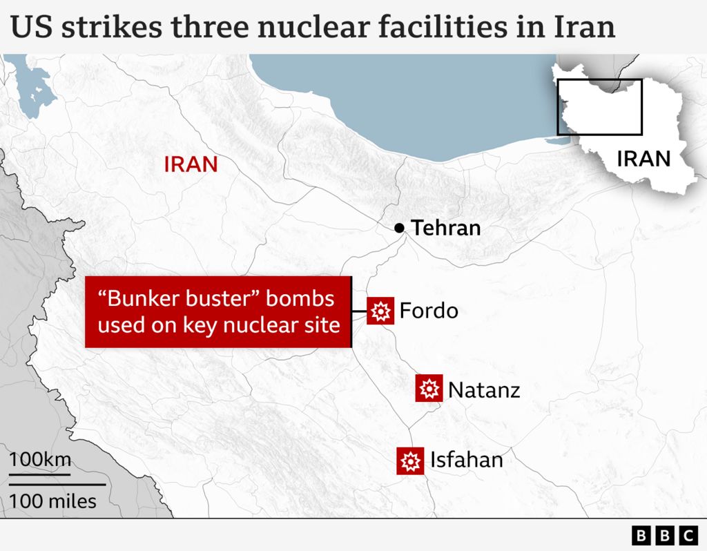 Map of northern Iran showing three nuclear facilities hit by US weapons. The map shows Tehran in the north and, moving south, the three targets of Fordo, Natanz and Isfahan. Fordo is annotated to say: “Bunker buster” bombs used on key nuclear site