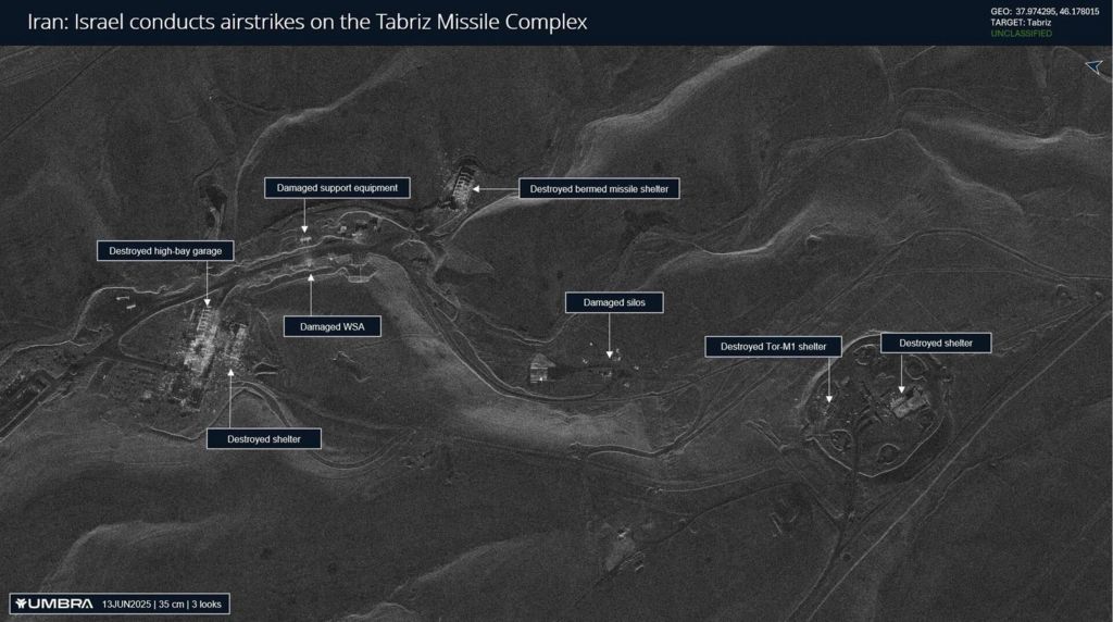 Umbra image showing areas Israel has carried out strikes at Tabriz missile complex