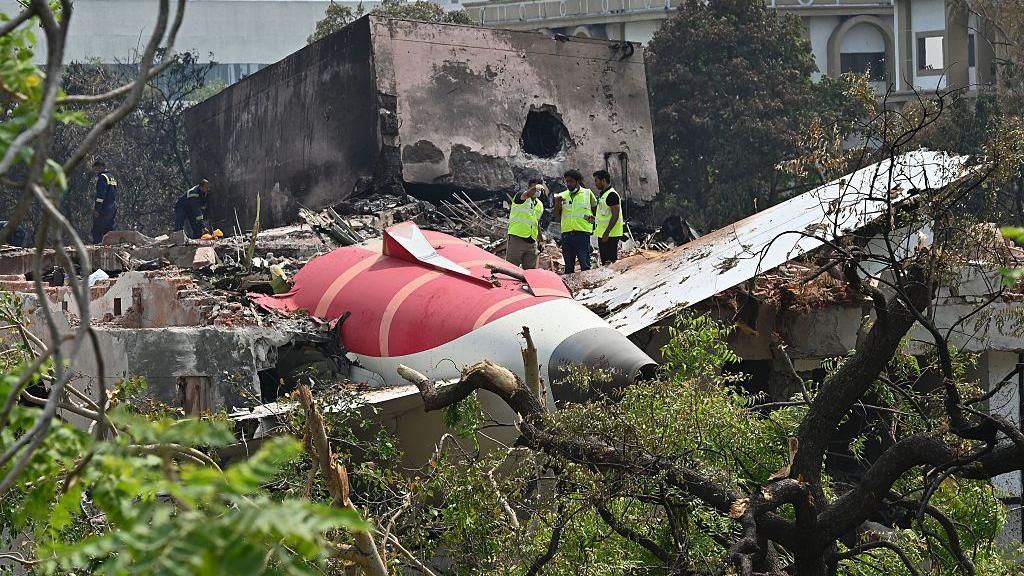 Forensic experts and DGCA officials searching for evidence at Air India Plane crash site, on June 13, 2025 in Ahmedabad, India. The Air India flight, which was bound for London, crashed shortly after taking off from Ahmedabad Airport. Around 260 people lost their lives in the incident.